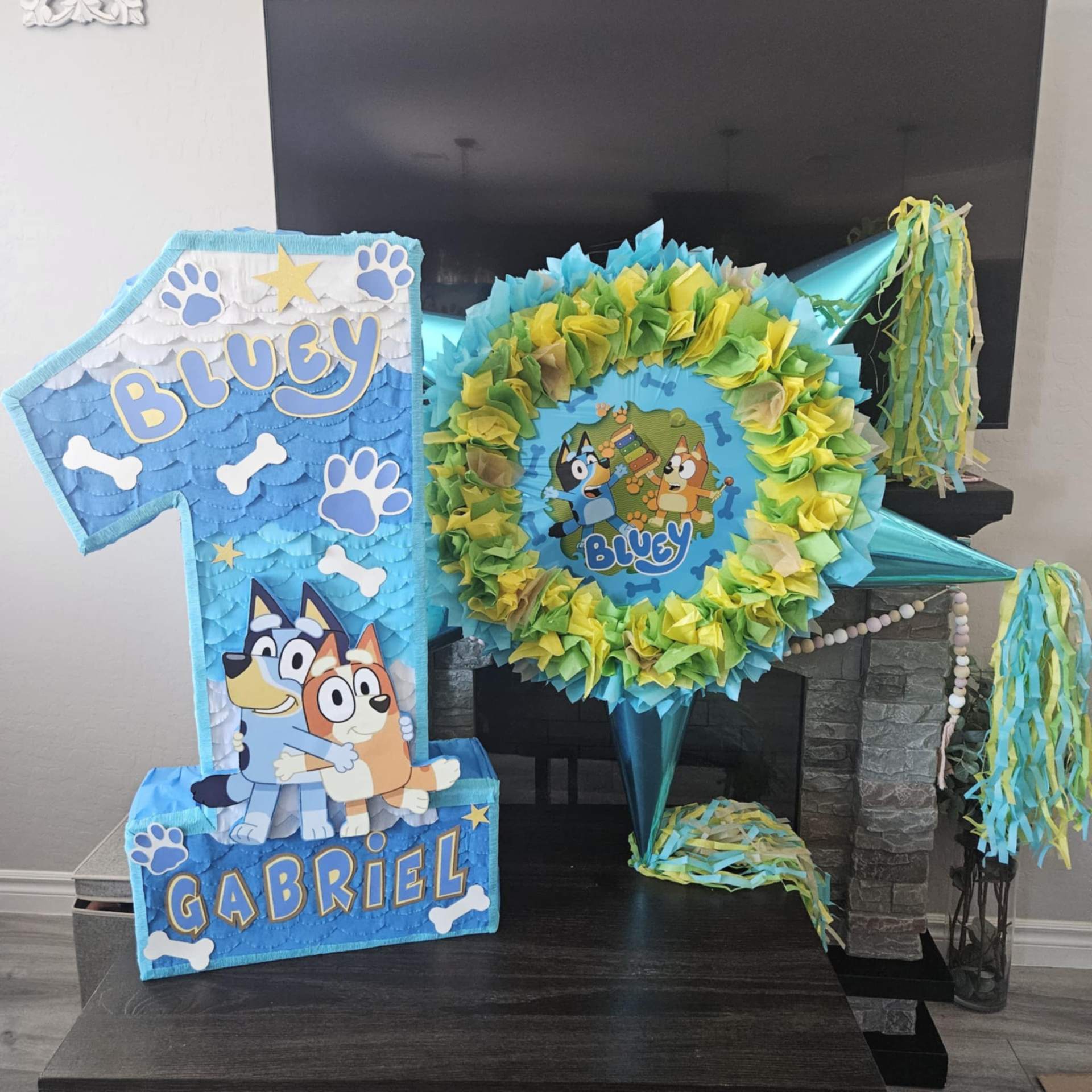 Bluey number 1 piñata and matching Bluey star piñata for Gabriel